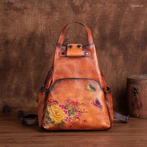 Schooltassen Vintage dubbele schouder Echte lederen rugzak vrouw bloemen dames echte koe rugzakken retro dames handtas