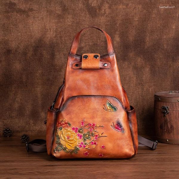 Mochilas escolares Vintage de doble hombro, mochila de cuero genuino para mujer, mochilas florales de vaca auténtica para mujer, bolso Retro para mujer