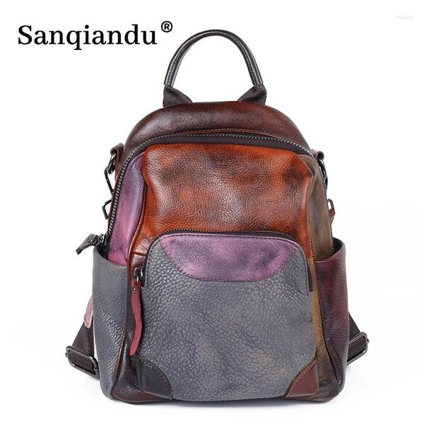 Sacs d'école Vintage Femmes sac à dos Patchwork coloré Véritage en cuir Généraire Zip Casual épaule Femme Knapsack Travel Sac