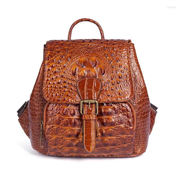 Sacs d'école Vintage femmes en cuir véritable sac à dos motif Crocodile femmes véritable vache sacs à dos rétro dames Double épaule