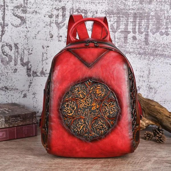 Mochilas escolares Vintage para mujer, mochila de cuero Floral para mujer, bandolera doble, bolso funcional de estilo chino para mujer