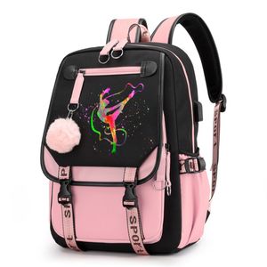 Schooltassen Aquarel Gymnastiek Schooltassen voor tienermeisjes USB-poort Schooltas Dans Meisjes Student Boekentas Roze Zwart Schoolrugzakken 230727