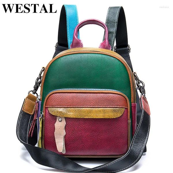 Sacs d'école Westal Small Women's Sac à dos Sac en cuir authentique pour les adolescentes Patchwork Daypack Mini Femmes Back 049