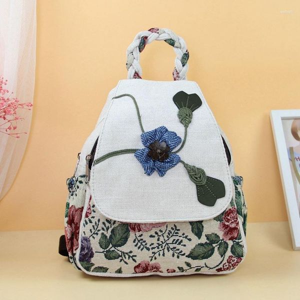 Mochilas escolares, venta al por mayor, fábrica, apliques de cuerda Vintage, mochilas para mujer, bonitos estampados, cremalleras múltiples, Backrack de lona para mujer