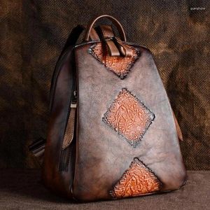 Sacs d'école Femmes Sac à dos en cuir véritable Sac à dos Sac à dos Première couche de peau de vache Patchwork Femme Brosse Couleur Sac de voyage Vintage Rucksack