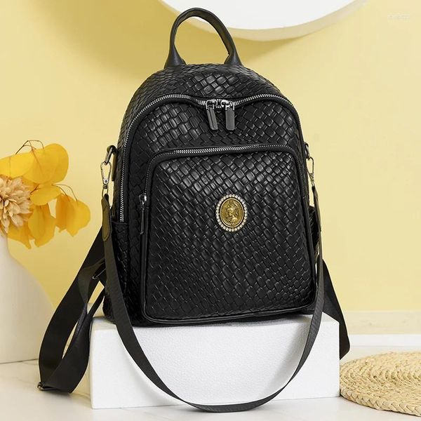 Bolsas escolares de la mochila de cuero suave para mujeres Patrón tejido de alta calidad Viajes de ocio de gran capacidad Bolsas adolescentes Mochila negra Mochila