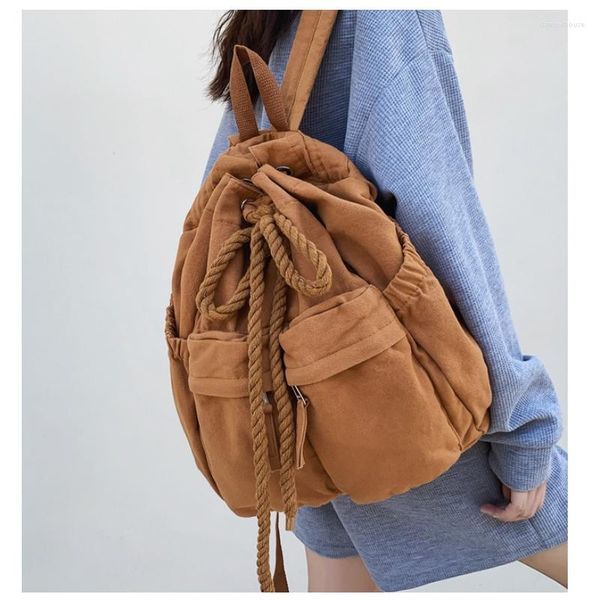 Mochilas escolares, bolso de viaje para mujer, moda fresca para mujer, lienzo Vintage para chica, libro con cordón de ocio, mochila para ordenador portátil marrón para mujer