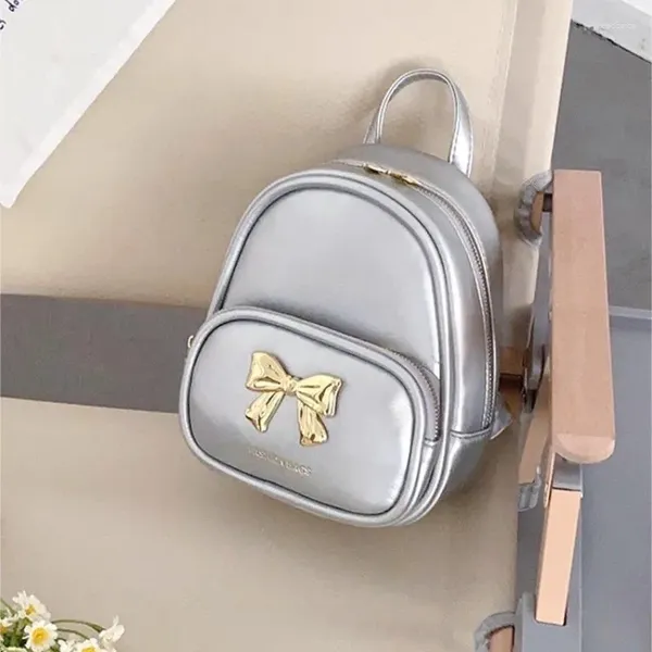 Sacs d'école Xiuya Silver Leather Womens Backpack Summer Elegant Bow Casual Small Youth Feme Feme Fashion Aesthetic Korean Sac