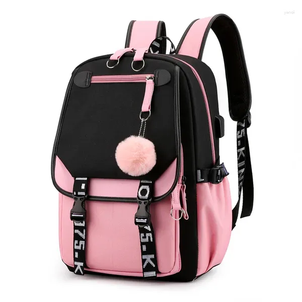 Sacs d'école XZAN pour sac mode grandes filles adolescent noir étudiant Port sac à dos livre cartable adolescent toile rose