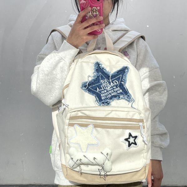 Sacs d'école Y2K Sac à dos pour femme Motif étoile en denim Sac d'école blanc Livre Forme d'os Adolescent Sac à dos Lettre Broderie Grande capacité 230727