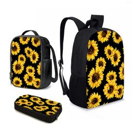 Sacs d'école YIKELUO 3D tournesol impression grande capacité sac pour ordinateur portable noir fermeture éclair étanche voyage imprimé floral décontracté Mochilas