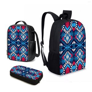 YIKELUO 3PCS Blauwe Afrikaanse Tribal Print Tiener Notebook Rugzak Jongens Meisjes Lente Uitje Knapzak Abstract Geometrische Lunchtas