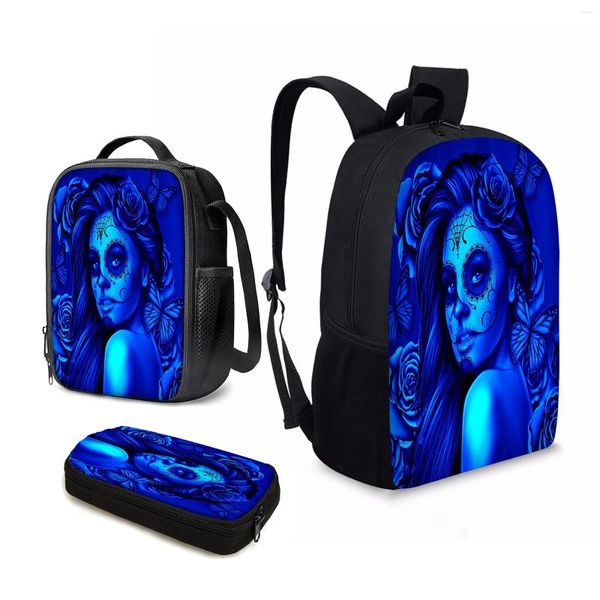Sacs d'école Yikeluo Halloween Candy Skull Girl Girl Butterfly 3D Printing 3pcs Étudiant Retour vers Gift Blue Backpack Isulater Lunch Sac