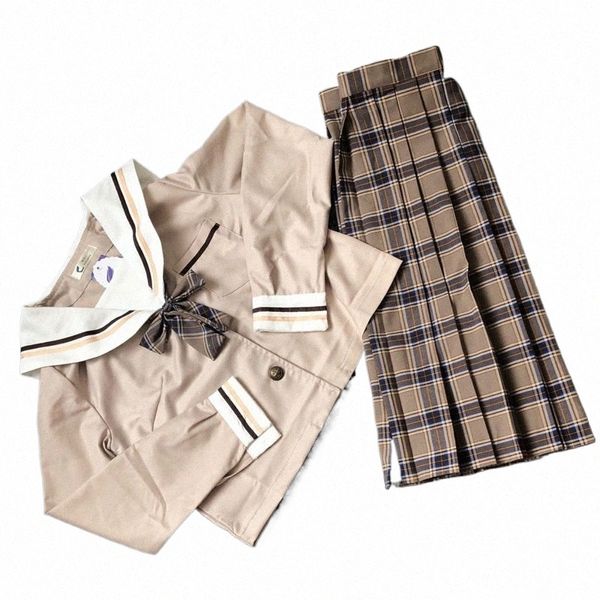 School Dres Japonais College Middle School Uniforme pour filles JK Uniformes Lady Sailor Suit Tea Brown Couleur Plaid Jupe plissée j2e4 #