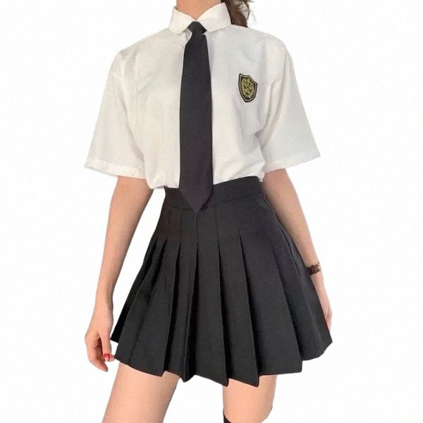 Uniforme scolaire pour filles, jupe plissée en deux pièces de style collégial, costumes pour femmes, chemise ample d'été, uniforme coréen pour étudiantes 65nP #