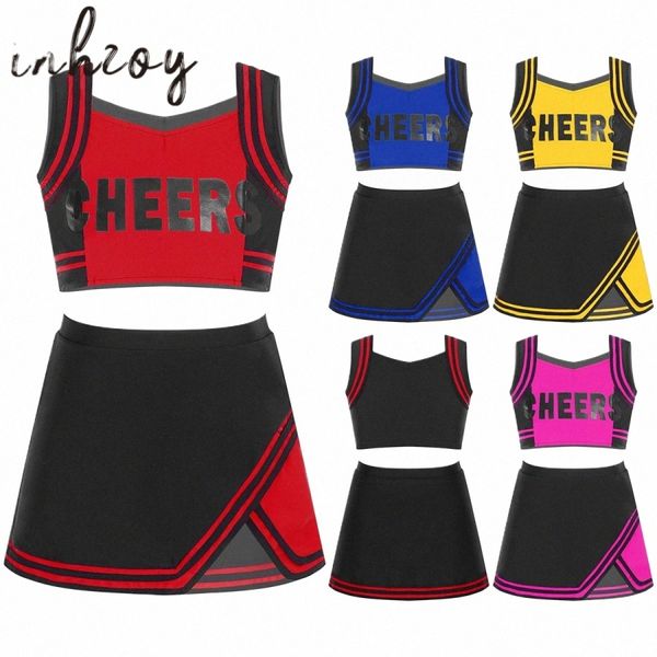 Chicas de la escuela Cheerleading Dancewear Outfit Carta Imprimir Crop Top con falda Conjunto para animadora Uniforme Cheer Dance Traje f6RW #