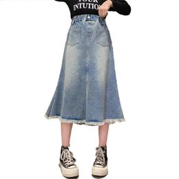 Schoolmeisjes denim visstaartrok vier seizoen hoge taille casual midi rok voor kinderen mode pocket tiener kinderen jeans 13 14y 240325