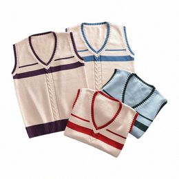 School JK Uniform Trui Leuke Abrikoos Gestreepte Tank Top Trui Sleevel Vest Voor Meisjes Cosplay volwassen Breien Jas 05rI #