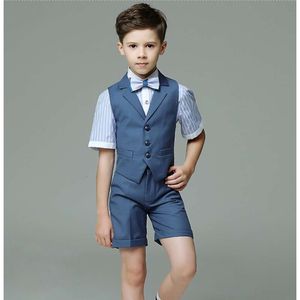 School Kids Vest Shirt Shorts Bowtie 4ps Formele jongens Zomer Blue Wedding Suit Children Fotografie Kostuum Tiener Uniform