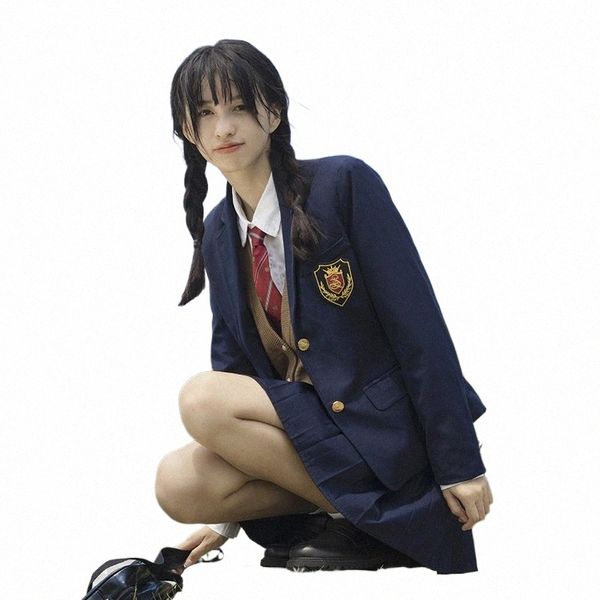 École Navy Manteau Filles Vêtements de lycée avec badge JK Costume Japon Uniforme coréen pour Graduati Vestes Étudiant Blazer Seifuku p24p #