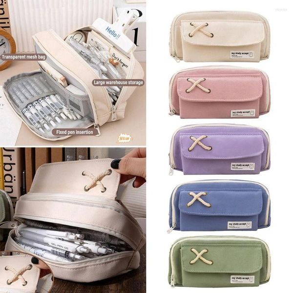 Fournitures scolaires Zipper Canvas Three-layer Pencil Pouch Pen Case Bag Papeterie Holder Box