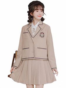 Uniforme scolaire pour femmes Couleur unie Lg Manches JK Costume Manteaux Faux Deux Dres Sling Jupe plissée Style collégial Vêtements formels v1VY #