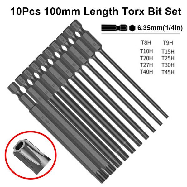 Schroevendraaier Juego de 10 brocas con cabeza Torx, juego de puntas de destornillador de 100 mm de largo, juego de puntas Torx magnéticas con orificio, herramientas de destornillador eléctrico