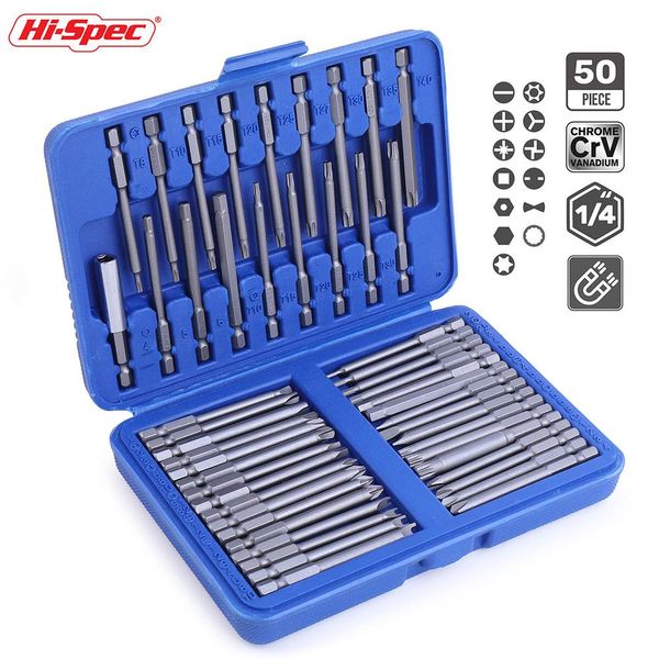 Schroevendraaier HiSpec Juego de puntas de destornillador magnético extralargas de 75 mm 50 piezas Destornillador hexagonal Torx Juego de puntas de seguridad Extensión Herramienta manual de cambio rápido