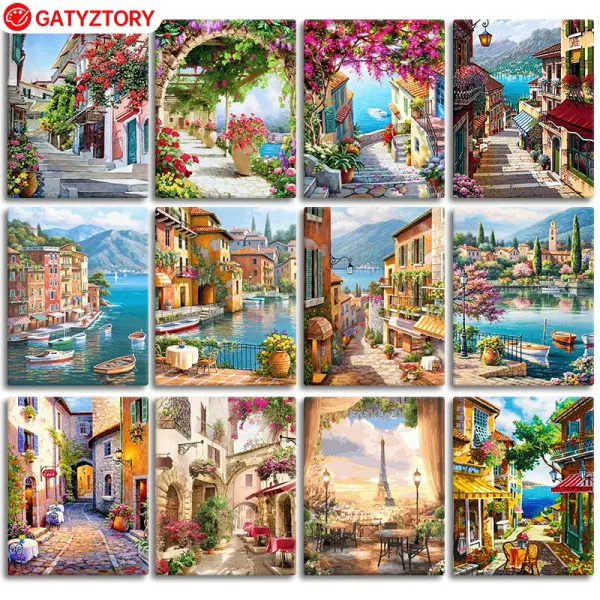 Schroevendraaiers Gatyztory Pintura por Números para Adultos Niños Ciudad Costera Diy Pintura Al Óleo Pintada A Mano Paisaje Imagen Decoración De La Pared del Hogar Regalo