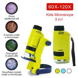 Science Discovery Kit de microscopio 3 en 1 60-120X Microscopio de bolsillo portátil educativo para niños con luz LED para laboratorio, hogar, escuela, ciencia