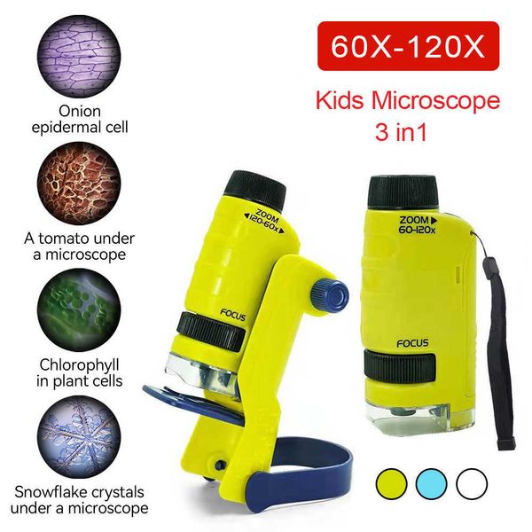 Science Discovery Kit de microscope 3 en 1 60-120X Microscope de poche portable éducatif pour enfants avec lumière LED pour laboratoire, école, sciences