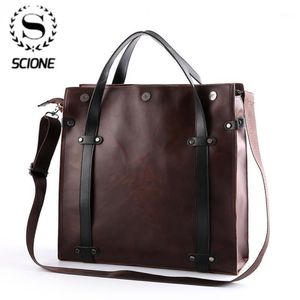 Scione herenaktentas Crazy horse PU lederen handtas Zakelijk kantoor Bestandstas Vintage Messenger Bags Casual werk Tote1260P