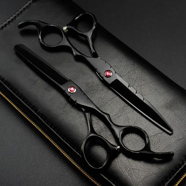 Tijeras Tijeras para el cabello Profesional Japón 440c 5.5 '' 6 '' gema roja corte negro tijeras para el cabello corte de peluquero corte de pelo tijeras de adelgazamiento peluquería