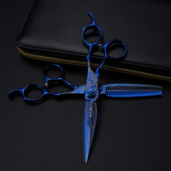 Ciseaux Ciseaux Professionnel 6 '' Ciseaux haut de gamme bleu Damas ciseaux à cheveux coupe outils de barbier coupe de cheveux amincissement cisailles coiffeur 221107
