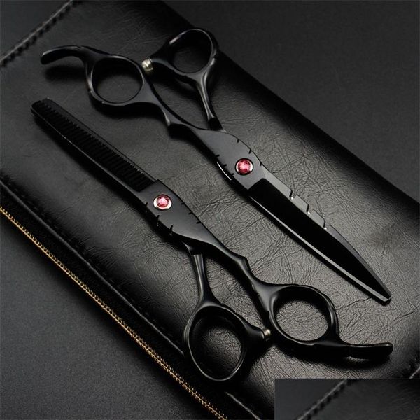 Tijeras Tijeras Profesionales Japón 440C 5.5 6 Gema roja Corte negro Tijeras para el cabello Corte Peluquero Corte de pelo Tijeras para adelgazar Peluquería 22 Dh81X