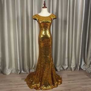 Ronde hals Sequin Mermaid Avondjurk met korte mouwen 2019 Vloer lengte avondjurken echte foto