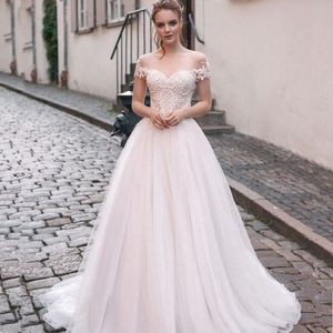 Scoop Tulle Décolleté Splice Perles Dentelle Applique Manches Courtes A-ligne Robe De Mariée Balayage Train À Lacets Dos Robe De Mariée robes de novia