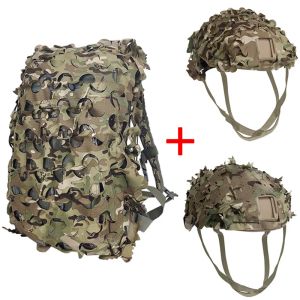 Scopes 3D Camo Net Backpack Helmet Cover Kit Laser Cut Camouflage Mesh voor jacht op de rugzak Airsoft Tactical Helmet Hunting Accessories