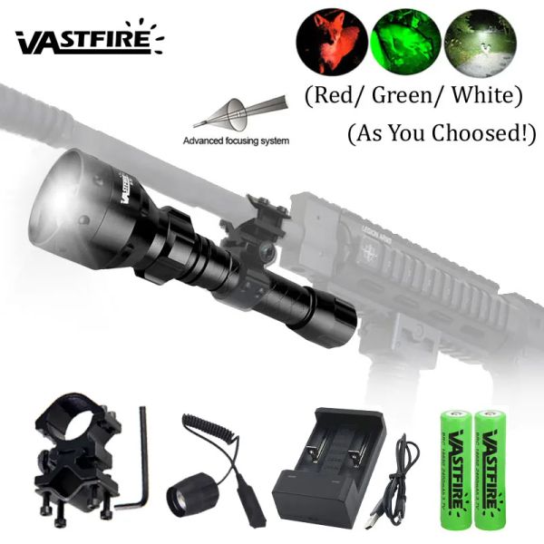 Scopes T50 Tactical Hunting Place Lampe blanche / vert / rouge 500 yards UF1405 XPE2 LED Rifle Arme Gun Light + Interrupteur + Mount + 18650 + Charger