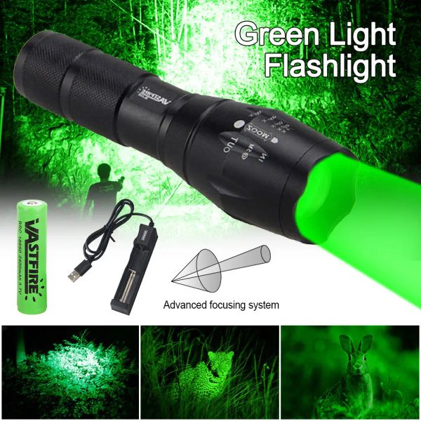 Scopes Tactical Green Light Hunting Lampe de poche Zoomable Torche puissante Pouffre de lumière de la main par la batterie 18650 avec support de lunette
