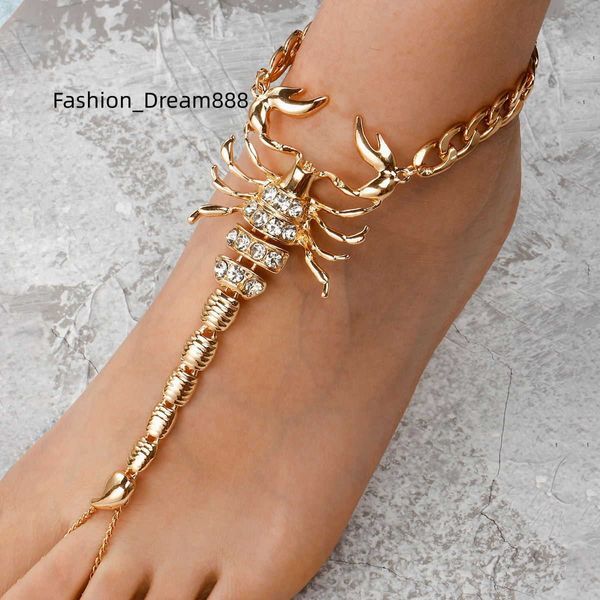 Cadena de pie estilo escorpión tobillera de cristal oro playa boda sandalias descalzas joyería de pie con tobillera ajustable de diamantes de imitación