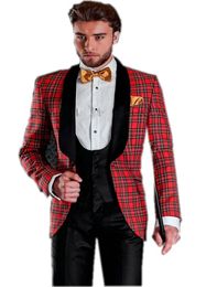 Treillis écossais homme travail costume d'affaires marié smokings manteau gilet pantalon ensemble robe de bal vêtements de fête (veste + pantalon + gilet + cravate) J741