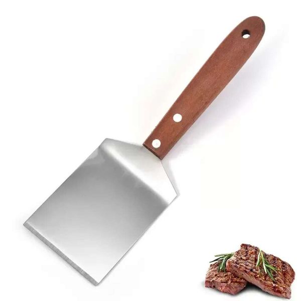 Spatule à Steak en acier inoxydable, grattoir à crêpes, retourneur de gril, pelle à Pizza frite au bœuf avec manche en bois, outils de cuisine pour barbecue, vente en gros