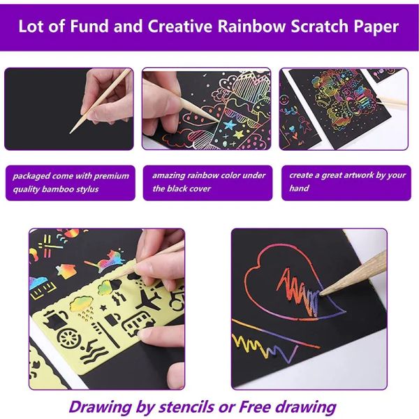 Scratch Paper Art Set Rainbow Card Scratch Black Scratch It Off Paper Crafts Notes avec des pochoirs de stylet en bois pour Kid DIY Gift