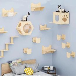 Griffoirs 1 pièce pour chat, aire de jeux d'escalade murale en bois, escalier et plate-forme de saut, poste à gratter pour griffes de meulage de chat