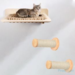 Scratchers 3-delige kattenhangmat met uittrekpalen Set wandgemonteerde plank met hout en sisaltouw voor kittenspringen meubilair