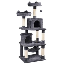 Scratchers 62.2 "Torre de gato de condominio doble y rasguño Post Tower, muebles de gato gris oscuro Accesorios de gato Torre de árbol de gato Torre