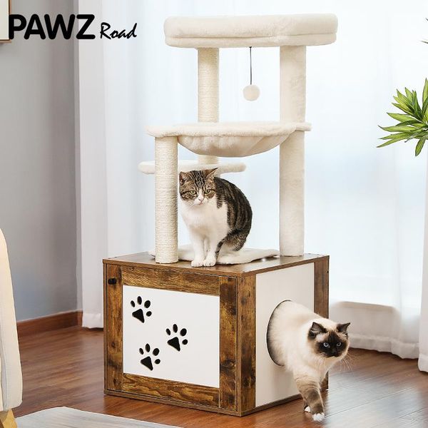 SCRAYERS ALLINONE Cat Tree avec armoire Mobilières en bois de tour de chat moderne avec maison de litière grande nids de perchoir supérieur