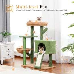 Tour à chat Cactus avec griffoir recouvert de sisal et condo confortable pour chats d'intérieur, support d'escalade avec perchoir en peluche