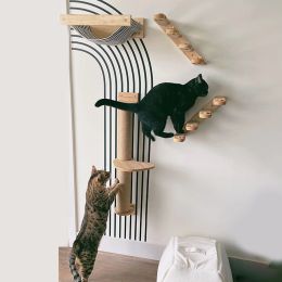 Arbre d'activité pour chat avec griffoirs, grattoir mural en sisal, hamac en bois, étagère d'escalade, escalier, perchoir, jouet plateforme